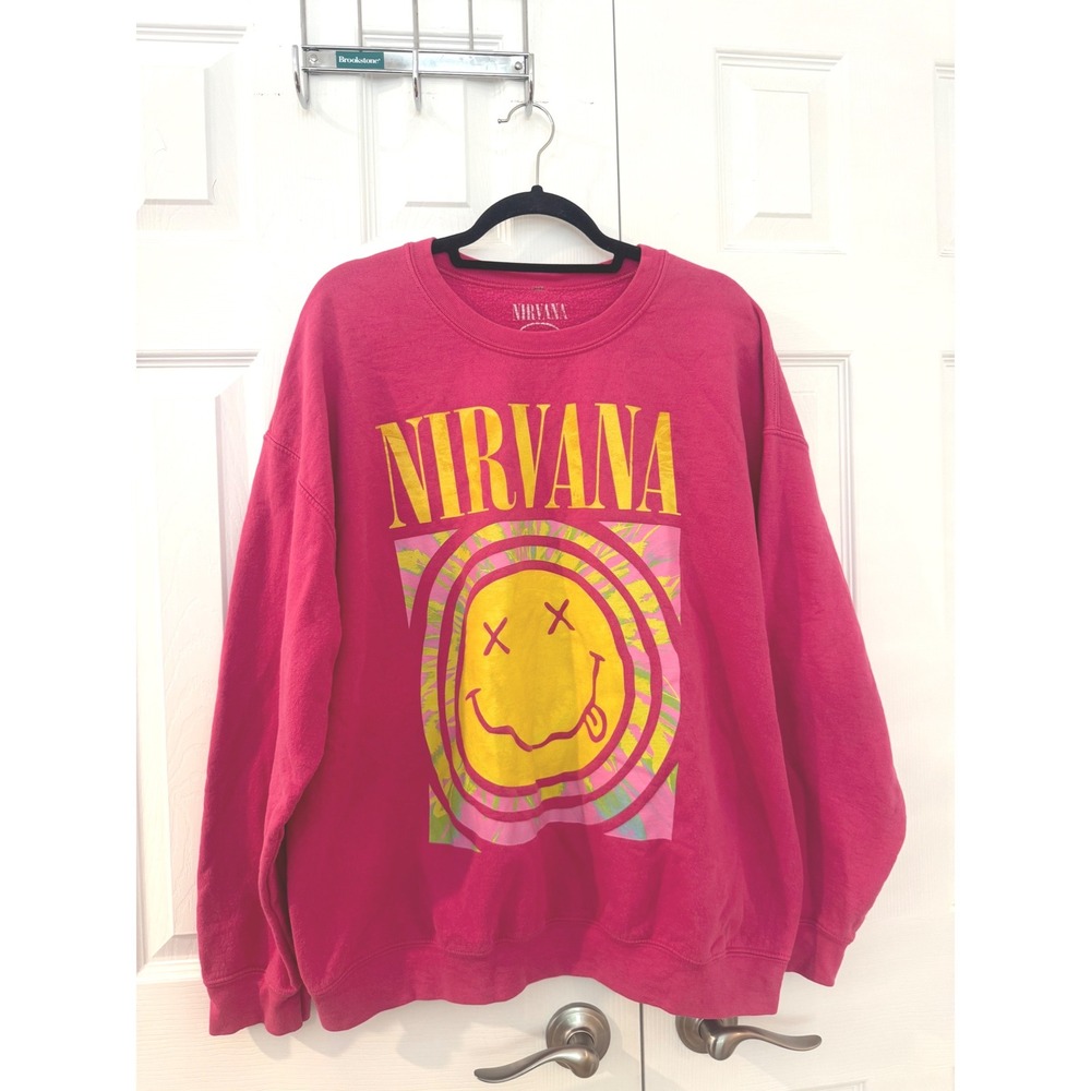 Nirvana Smiley Face Graphic Sweatshirt Pink Tie Dye Cozy Fleece Pullover M/L